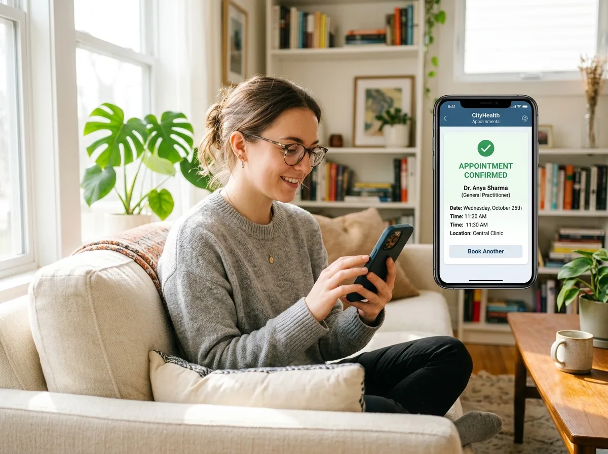 Пациент записывается к врачу онлайн через смартфон сидя дома в светлой комнате