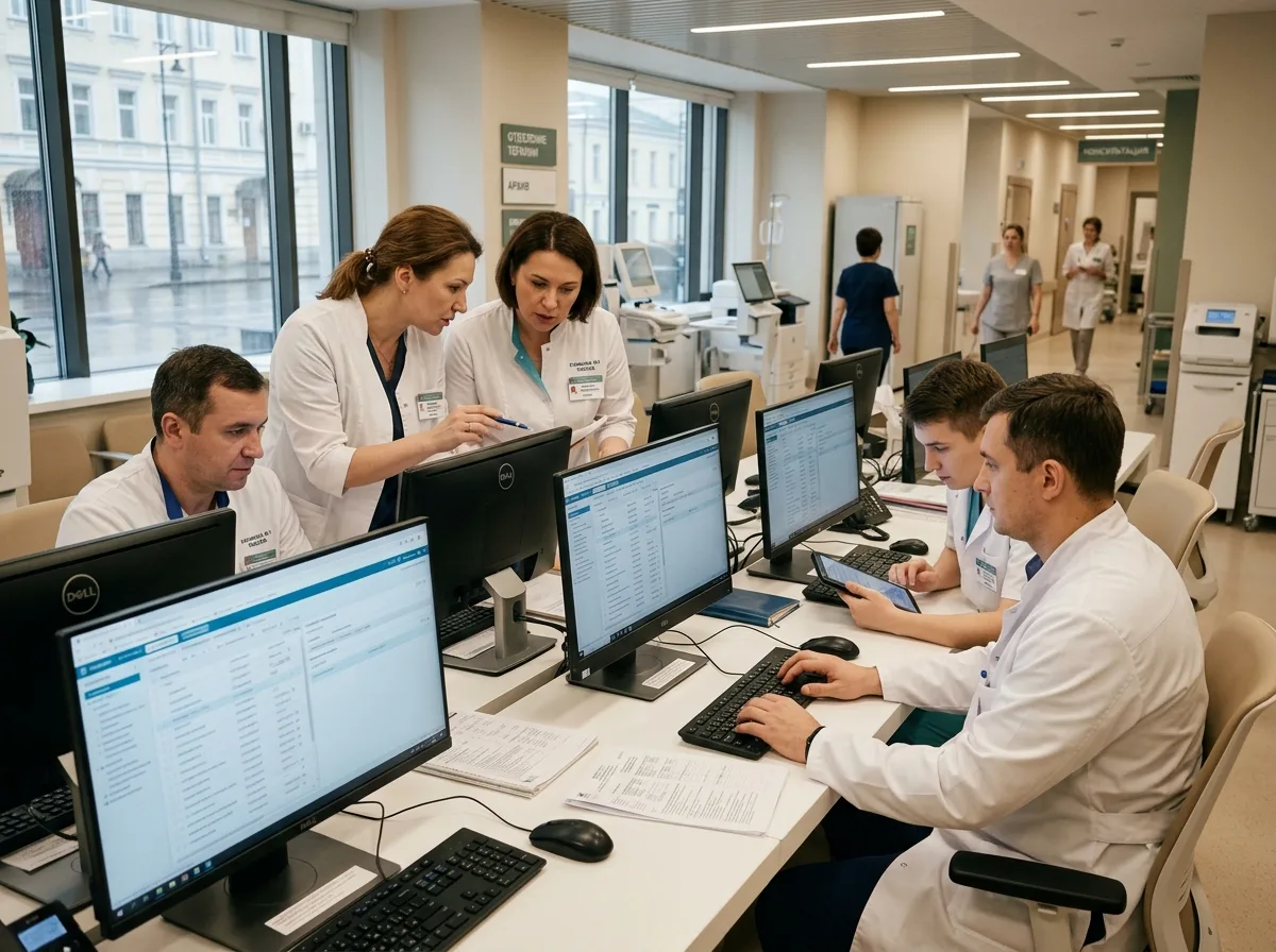 Команда врачей московской поликлиники работает с цифровой медицинской платформой на рабочих станциях