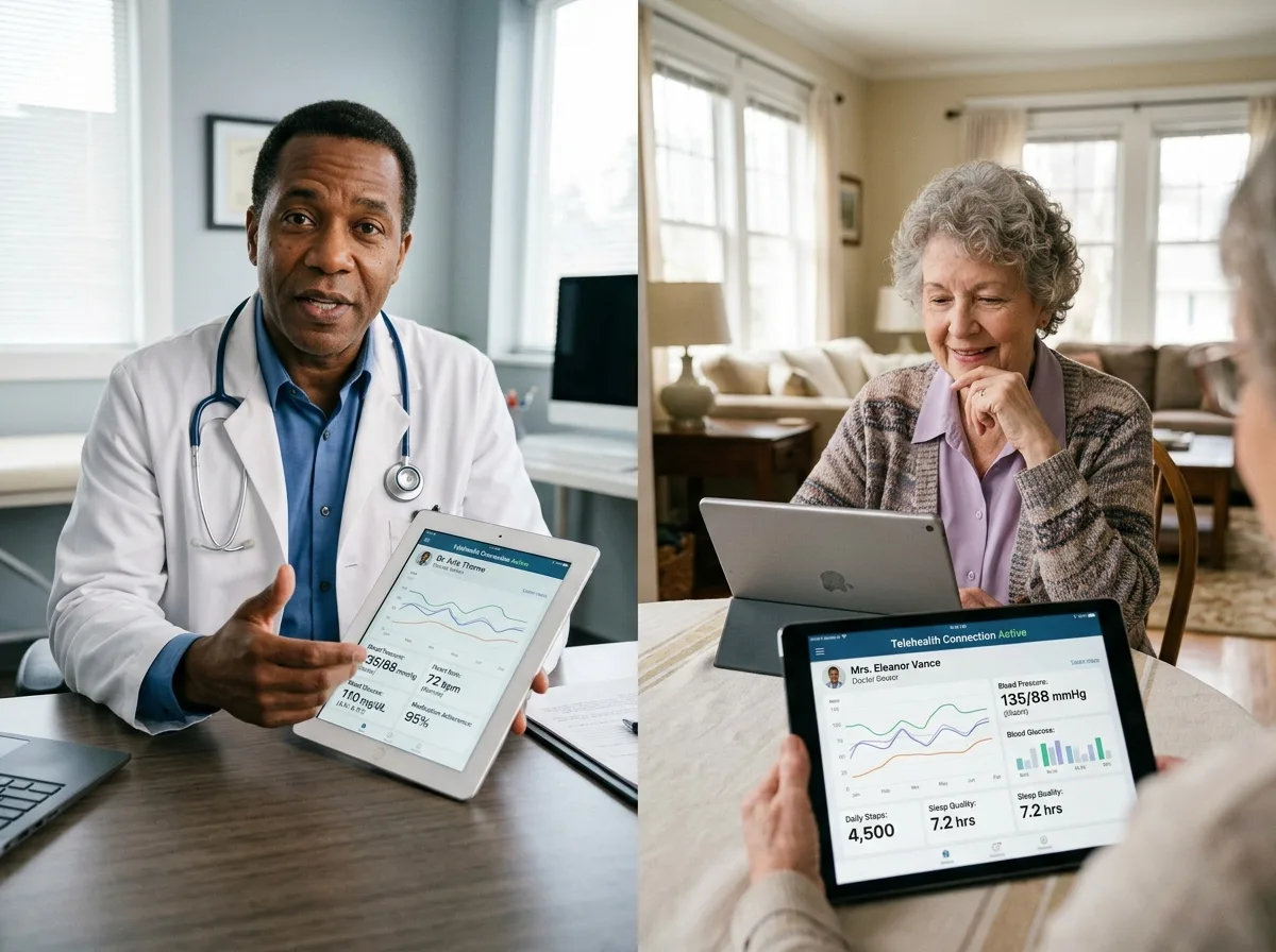 Врач и пациент пожилого возраста рассматривают показатели здоровья на планшете во время телемедицинской консультации